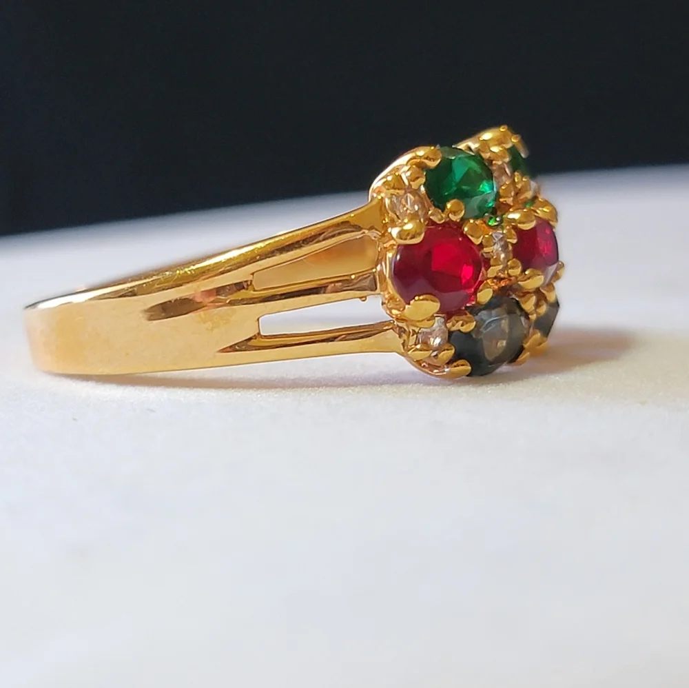 Multi-gem Gold Tone Cocktail Ring Faux Emerald Sapphire Ruby and Diamond Vintage